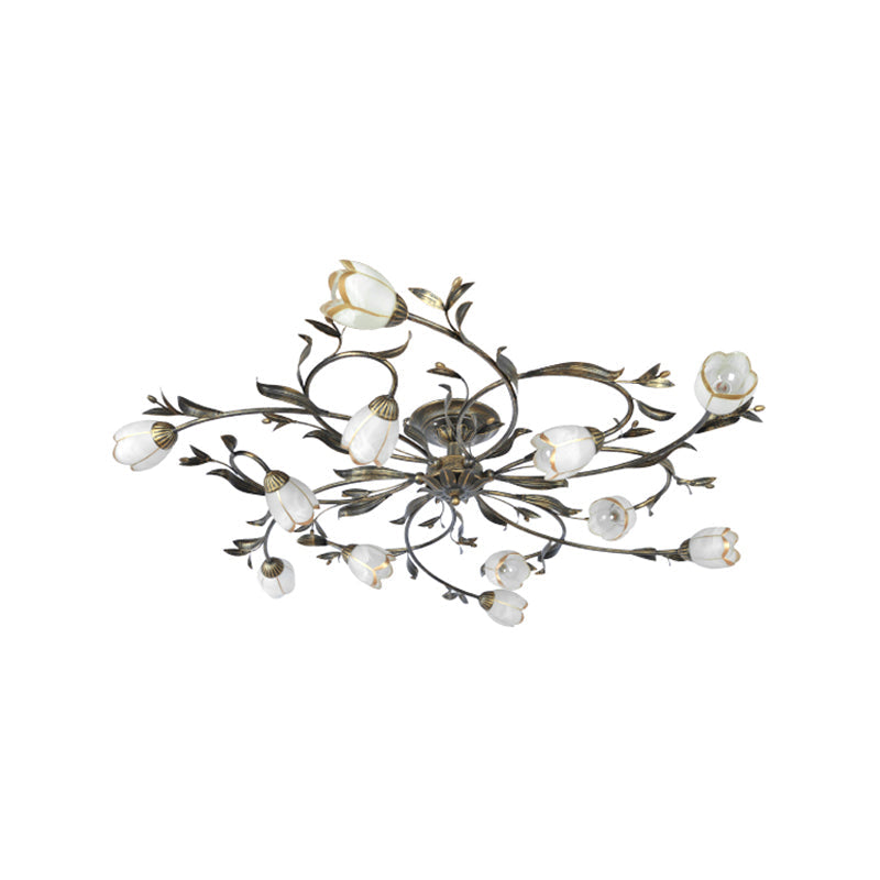 Flower Vine Bedroom Semi Flush Mount Rural Cream Glass 4/8/12-Light Antique Brass Ceiling Mounted Chandelier 12 Antique Brass Clearhalo 'Ceiling Lights' 'Close To Ceiling Lights' 'Close to ceiling' 'Semi-flushmount' Lighting' 1933979