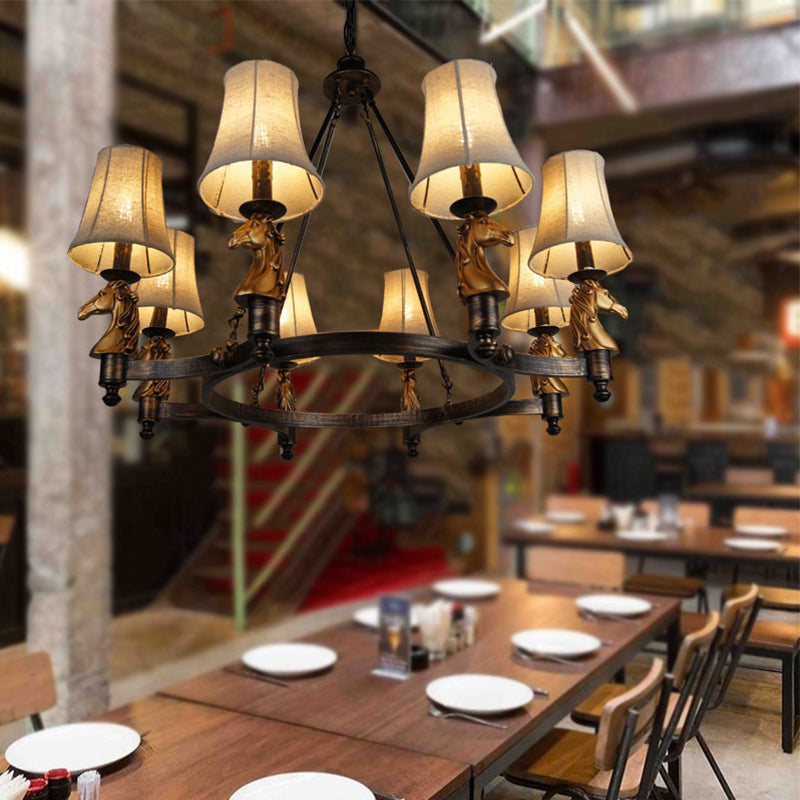 6/8 Lights Hanging Lamp Country Tapered Fabric Chandelier Lighting Fixture in White for Dining Room with Horse Head Deco Clearhalo 'Ceiling Lights' 'Chandeliers' Lighting' options 1934091