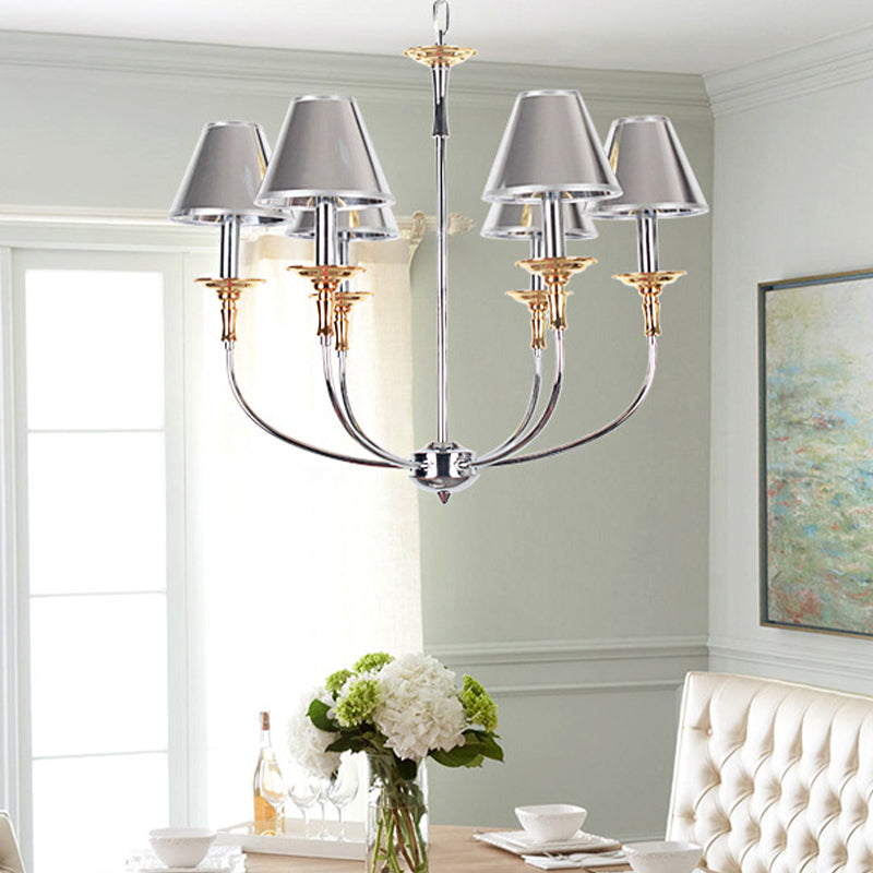 Traditional Cone Shape Chandelier 3/4/6-Head Fabric Hanging Pendant in Black/Chrome with Swooping Arm 6 Chrome Clearhalo 'Ceiling Lights' 'Chandeliers' Lighting' options 1934136_cf52627e-99e3-4be1-952c-24a22052dd2f