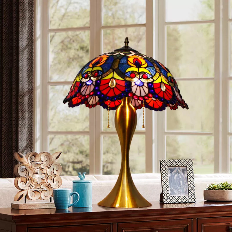 Victorian Dome Night Light 1 Bulb Stained Glass Desk Lighting with Beaded Deco in Brass, Pull Chain Clearhalo 'Lamps' 'Table Lamps' Lighting' 1934217