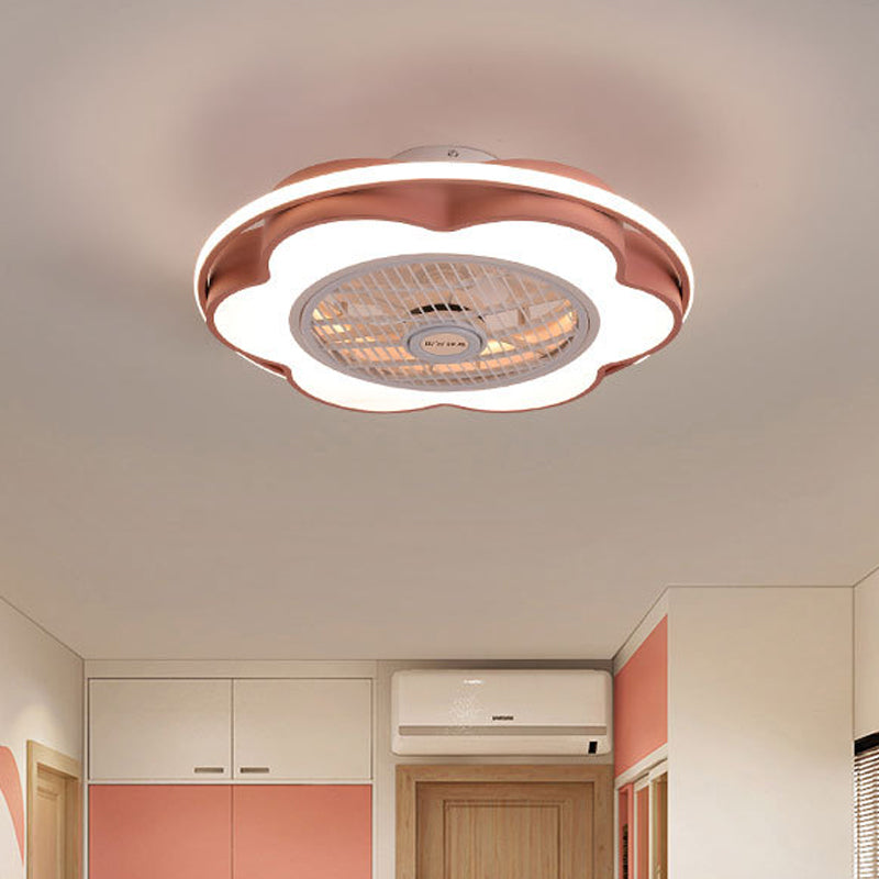 Floral Semi Mount Lighting Modernism Metallic 28" Width LED Parlor Hanging Fan Lamp in Black/Pink/Blue Clearhalo 'Ceiling Fans with Lights' 'Ceiling Fans' 'Kids Ceiling Fans' 'Kids' Lighting' 1934240