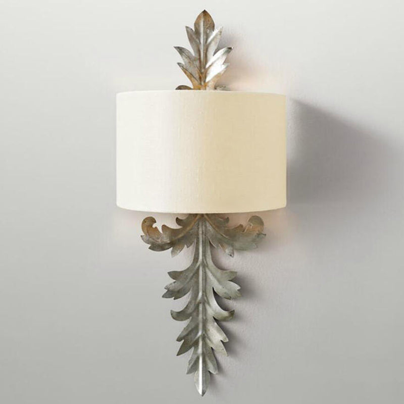 White Semi-Drum Flush Wall Sconce Vintage Fabric 1 Light Corridor Wall Mount Lamp Fixture with Leaf Deco White Clearhalo 'Wall Lamps & Sconces' 'Wall Lights' Lighting' 1934332