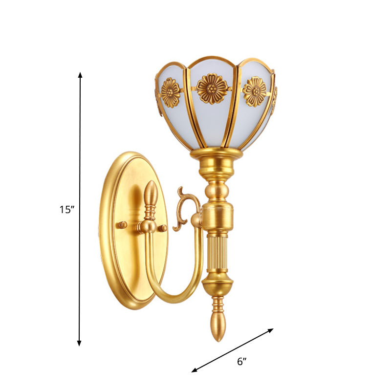 1 Bulb Floral Bowl Wall Sconce Vintage Gold Finish Milky Glass Wall Mount Lamp with Curvy Arm Clearhalo 'Wall Lamps & Sconces' 'Wall Lights' Lighting' 1934336