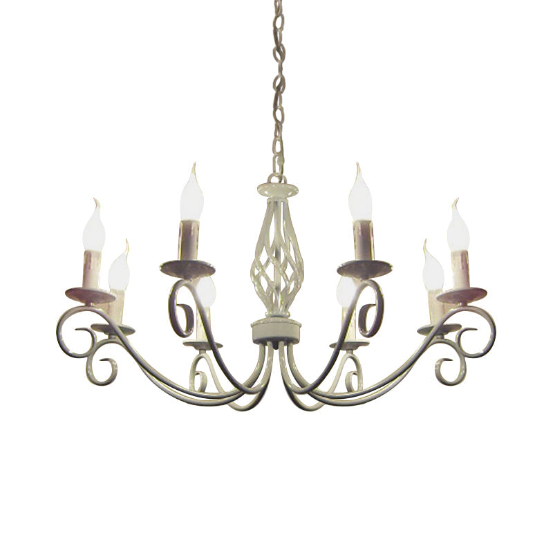 8 Bulbs Curly Arm Pendant Chandelier Vintage Black/White/Blue Metal Ceiling Suspension Lamp for Living Room White Clearhalo 'Ceiling Lights' 'Chandeliers' Lighting' options 1934356_5734fabe-4651-49c4-abe4-3031d3fd8268