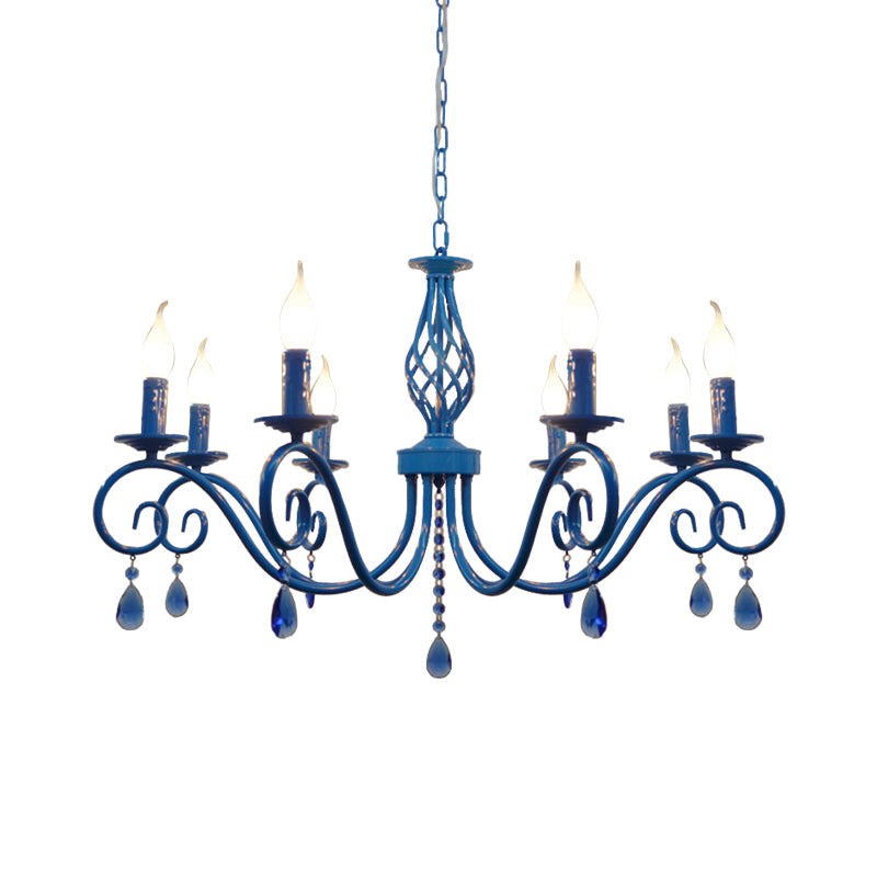 8 Bulbs Curly Arm Pendant Chandelier Vintage Black/White/Blue Metal Ceiling Suspension Lamp for Living Room Blue Clearhalo 'Ceiling Lights' 'Chandeliers' Lighting' options 1934357_9113ad84-adf7-4d96-9d97-1615ace9de8e