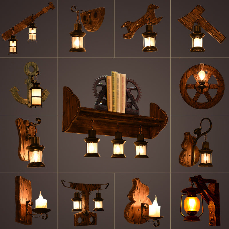 Lantern/Kerosene Living Room Wall Lamp Nautical Wood 1 Bulb Brown Wall Mount Light with Gourd/Half-Round Wood Backplate Clearhalo 'Art deco wall lights' 'Cast Iron' 'Glass' 'Industrial wall lights' 'Industrial' 'Middle century wall lights' 'Modern' 'Rustic wall lights' 'Tiffany' 'Traditional wall lights' 'Wall Lamps & Sconces' 'Wall Lights' Lighting' 1934359