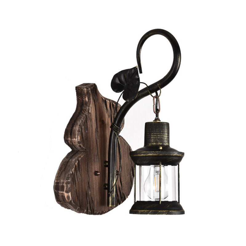 Lantern/Kerosene Living Room Wall Lamp Nautical Wood 1 Bulb Brown Wall Mount Light with Gourd/Half-Round Wood Backplate Clearhalo 'Art deco wall lights' 'Cast Iron' 'Glass' 'Industrial wall lights' 'Industrial' 'Middle century wall lights' 'Modern' 'Rustic wall lights' 'Tiffany' 'Traditional wall lights' 'Wall Lamps & Sconces' 'Wall Lights' Lighting' 1934361