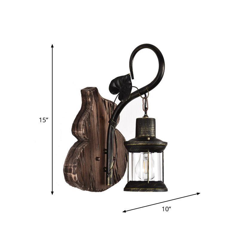 Lantern/Kerosene Living Room Wall Lamp Nautical Wood 1 Bulb Brown Wall Mount Light with Gourd/Half-Round Wood Backplate Clearhalo 'Art deco wall lights' 'Cast Iron' 'Glass' 'Industrial wall lights' 'Industrial' 'Middle century wall lights' 'Modern' 'Rustic wall lights' 'Tiffany' 'Traditional wall lights' 'Wall Lamps & Sconces' 'Wall Lights' Lighting' 1934363