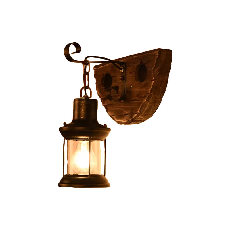 Lantern/Kerosene Living Room Wall Lamp Nautical Wood 1 Bulb Brown Wall Mount Light with Gourd/Half-Round Wood Backplate Clearhalo 'Art deco wall lights' 'Cast Iron' 'Glass' 'Industrial wall lights' 'Industrial' 'Middle century wall lights' 'Modern' 'Rustic wall lights' 'Tiffany' 'Traditional wall lights' 'Wall Lamps & Sconces' 'Wall Lights' Lighting' 1934370