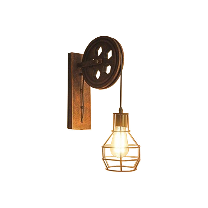 Lantern/Kerosene Living Room Wall Lamp Nautical Wood 1 Bulb Brown Wall Mount Light with Gourd/Half-Round Wood Backplate Brown F Clearhalo 'Art deco wall lights' 'Cast Iron' 'Glass' 'Industrial wall lights' 'Industrial' 'Middle century wall lights' 'Modern' 'Rustic wall lights' 'Tiffany' 'Traditional wall lights' 'Wall Lamps & Sconces' 'Wall Lights' Lighting' 1934372