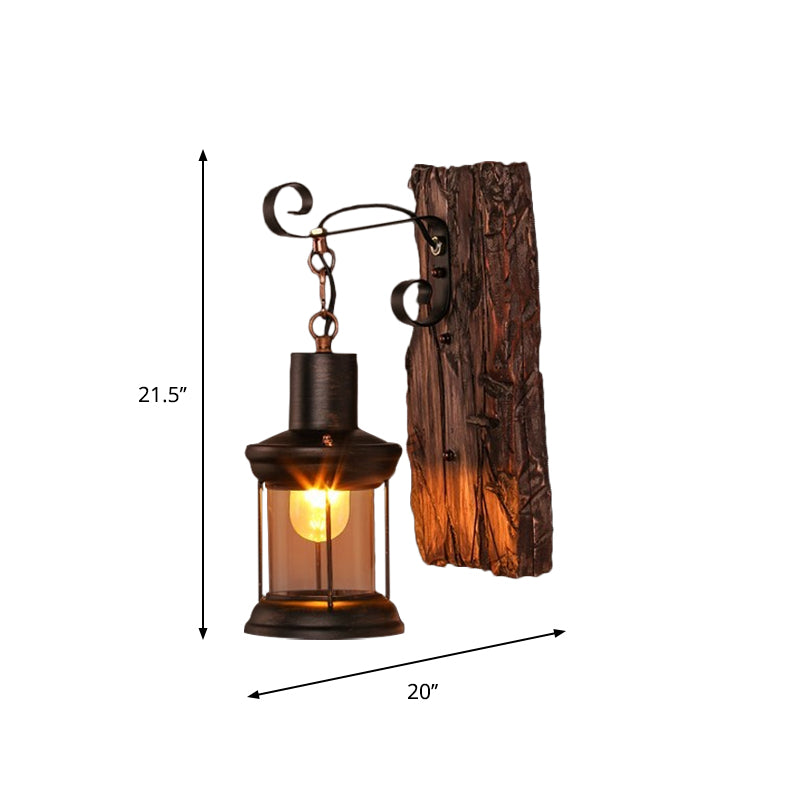 Lantern/Kerosene Living Room Wall Lamp Nautical Wood 1 Bulb Brown Wall Mount Light with Gourd/Half-Round Wood Backplate Clearhalo 'Art deco wall lights' 'Cast Iron' 'Glass' 'Industrial wall lights' 'Industrial' 'Middle century wall lights' 'Modern' 'Rustic wall lights' 'Tiffany' 'Traditional wall lights' 'Wall Lamps & Sconces' 'Wall Lights' Lighting' 1934375