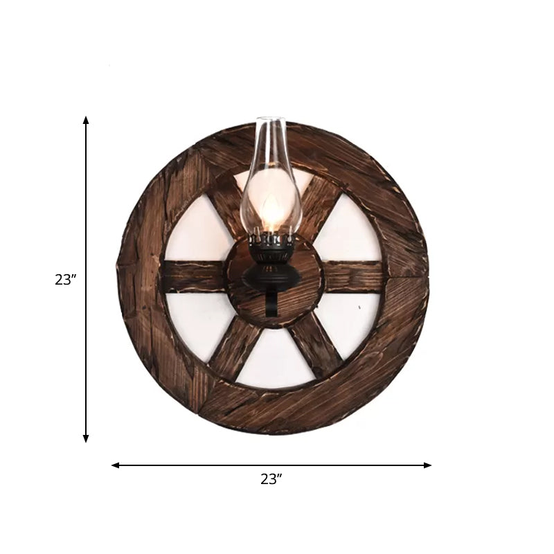 Lantern/Kerosene Living Room Wall Lamp Nautical Wood 1 Bulb Brown Wall Mount Light with Gourd/Half-Round Wood Backplate Clearhalo 'Art deco wall lights' 'Cast Iron' 'Glass' 'Industrial wall lights' 'Industrial' 'Middle century wall lights' 'Modern' 'Rustic wall lights' 'Tiffany' 'Traditional wall lights' 'Wall Lamps & Sconces' 'Wall Lights' Lighting' 1934378