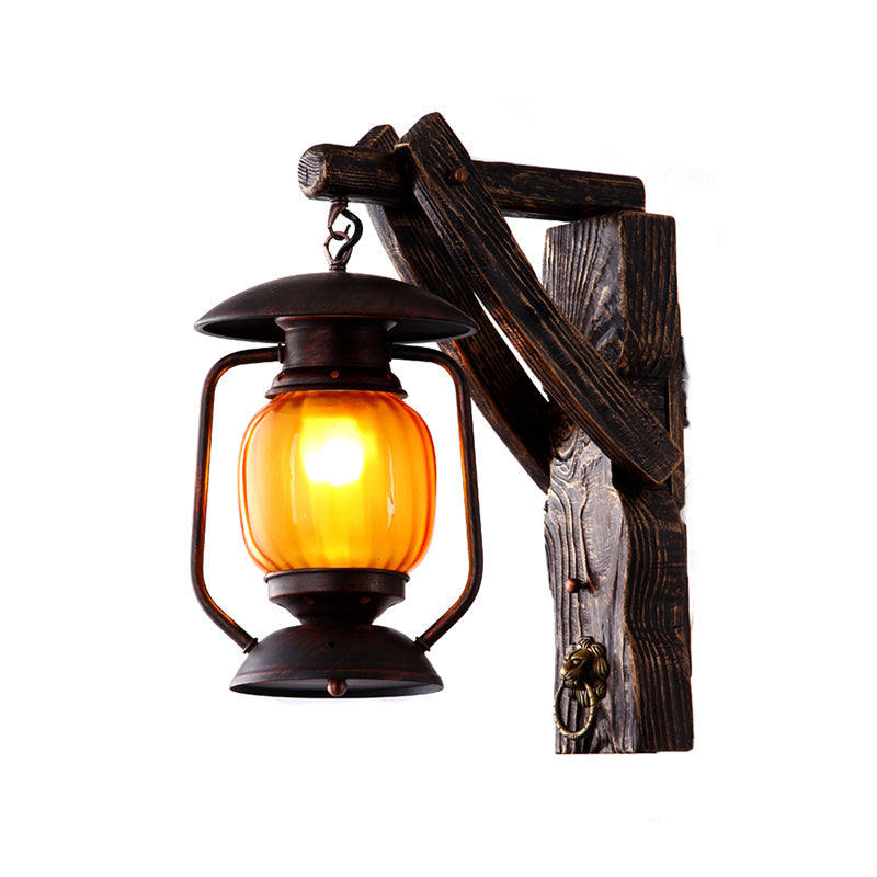 Lantern/Kerosene Living Room Wall Lamp Nautical Wood 1 Bulb Brown Wall Mount Light with Gourd/Half-Round Wood Backplate Brown D Clearhalo 'Art deco wall lights' 'Cast Iron' 'Glass' 'Industrial wall lights' 'Industrial' 'Middle century wall lights' 'Modern' 'Rustic wall lights' 'Tiffany' 'Traditional wall lights' 'Wall Lamps & Sconces' 'Wall Lights' Lighting' 1934381