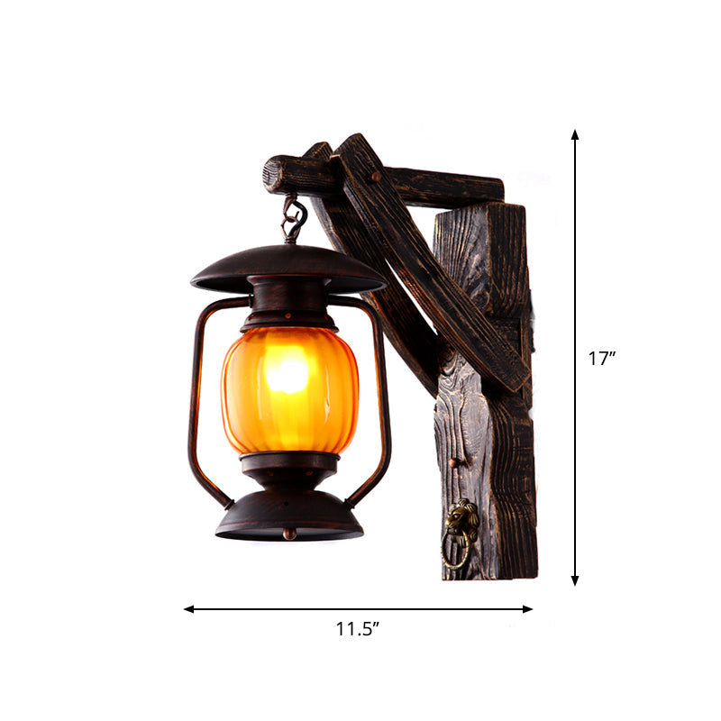 Lantern/Kerosene Living Room Wall Lamp Nautical Wood 1 Bulb Brown Wall Mount Light with Gourd/Half-Round Wood Backplate Clearhalo 'Art deco wall lights' 'Cast Iron' 'Glass' 'Industrial wall lights' 'Industrial' 'Middle century wall lights' 'Modern' 'Rustic wall lights' 'Tiffany' 'Traditional wall lights' 'Wall Lamps & Sconces' 'Wall Lights' Lighting' 1934382