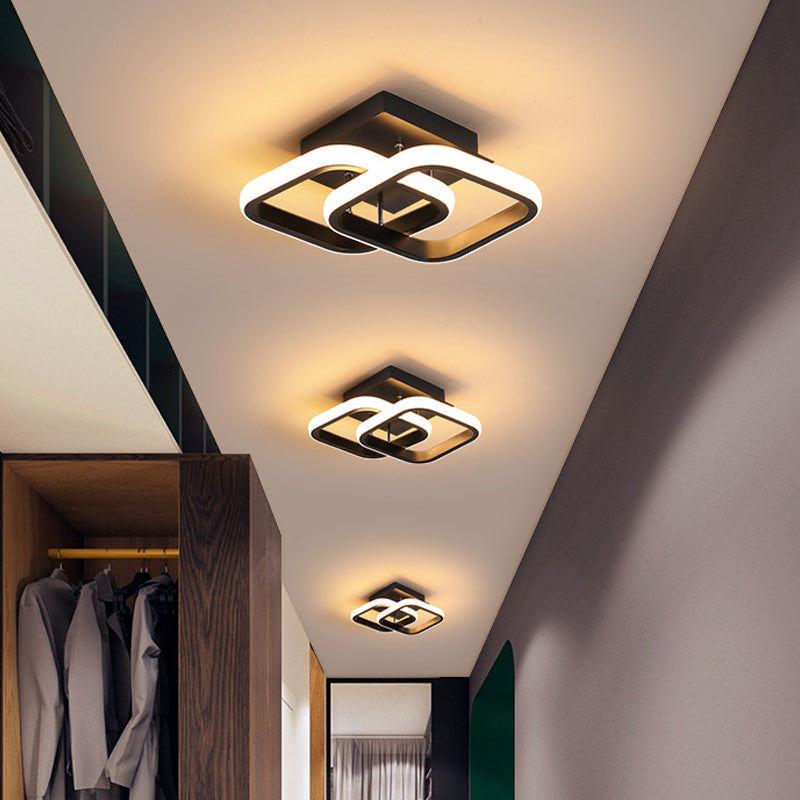 Round/Square/Moon Small Ceiling Lamp Modern Metal Black/White LED Semi Flush Mount Lighting for Corridor Black Square Plate Clearhalo 'Ceiling Lights' 'Close To Ceiling Lights' 'Close to ceiling' 'Semi-flushmount' Lighting' 1935262