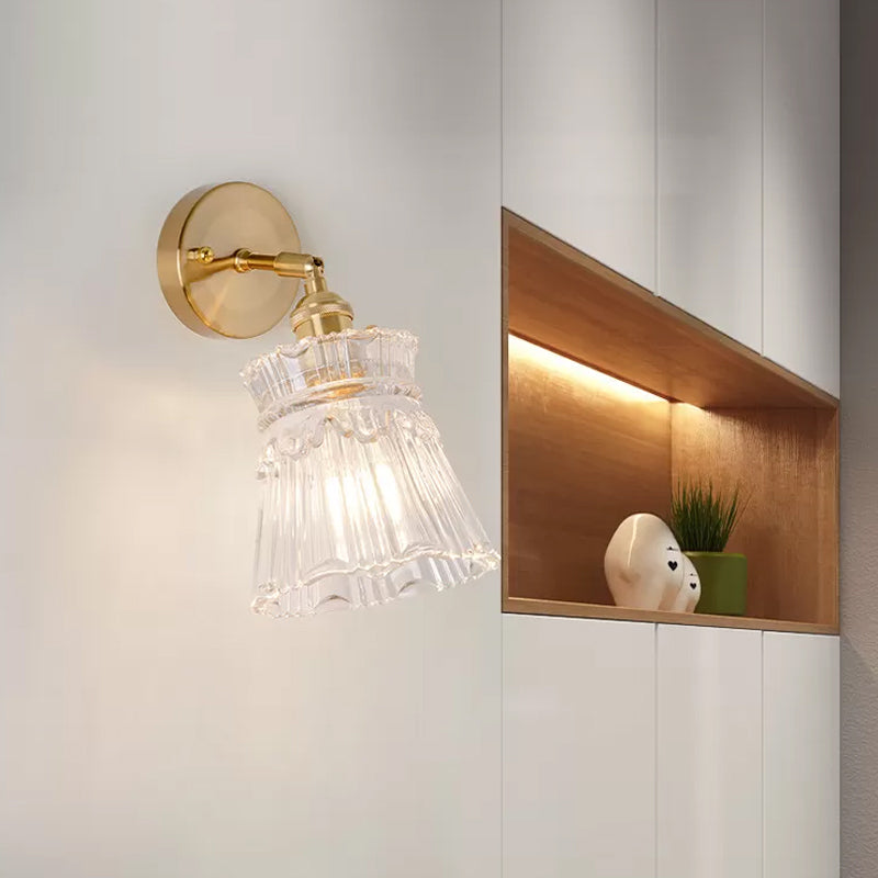 Conical Rotating Wall Light Kit Postmodern Clear Ribbed/Grid Glass 1 Light Gold Wall Mounted Lamp Clearhalo 'Cast Iron' 'Glass' 'Industrial' 'Modern wall lights' 'Modern' 'Tiffany' 'Traditional wall lights' 'Wall Lamps & Sconces' 'Wall Lights' Lighting' 1936673
