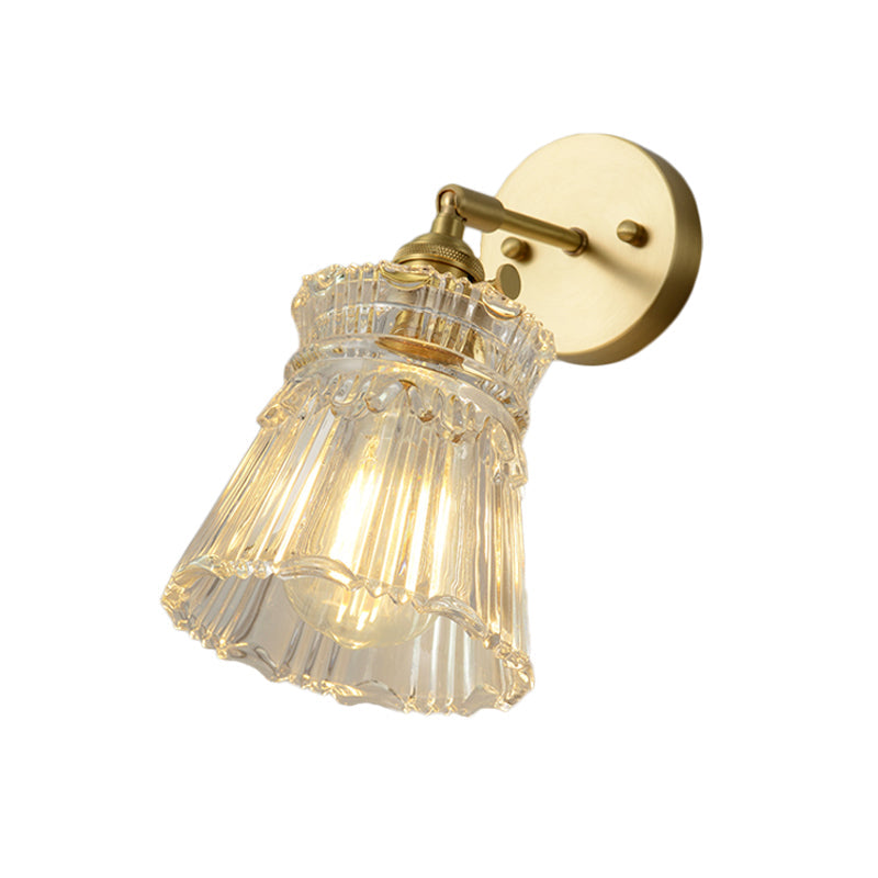 Conical Rotating Wall Light Kit Postmodern Clear Ribbed/Grid Glass 1 Light Gold Wall Mounted Lamp Clearhalo 'Cast Iron' 'Glass' 'Industrial' 'Modern wall lights' 'Modern' 'Tiffany' 'Traditional wall lights' 'Wall Lamps & Sconces' 'Wall Lights' Lighting' 1936674