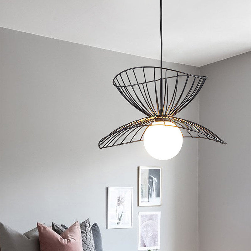 Black/Gold Double-Flared Pendulum Light Modern 1 Head Metal Ceiling Pendant Lamp with Ball Opal Glass Bottom Clearhalo 'Ceiling Lights' 'Modern Pendants' 'Modern' 'Pendant Lights' 'Pendants' Lighting' 1936956