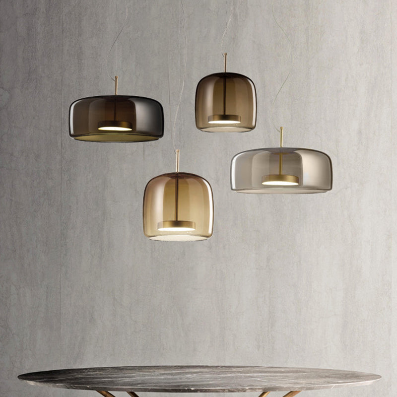 Bell/Drum Hanging Pendant Light Modern Smoke Grey/Coffee Glass Restaurant LED Suspension Lamp in Warm/White Light, 10"/15" W - Clearhalo - 'Ceiling Lights' - 'Glass shade' - 'Glass' - 'Modern Pendants' - 'Modern' - 'Pendant Lights' - 'Pendants' - Lighting' - 1937049