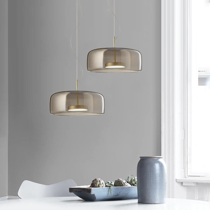 Bell/Drum Hanging Pendant Light Modern Smoke Grey/Coffee Glass Restaurant LED Suspension Lamp in Warm/White Light, 10"/15" W - Clearhalo - 'Ceiling Lights' - 'Glass shade' - 'Glass' - 'Modern Pendants' - 'Modern' - 'Pendant Lights' - 'Pendants' - Lighting' - 1937060