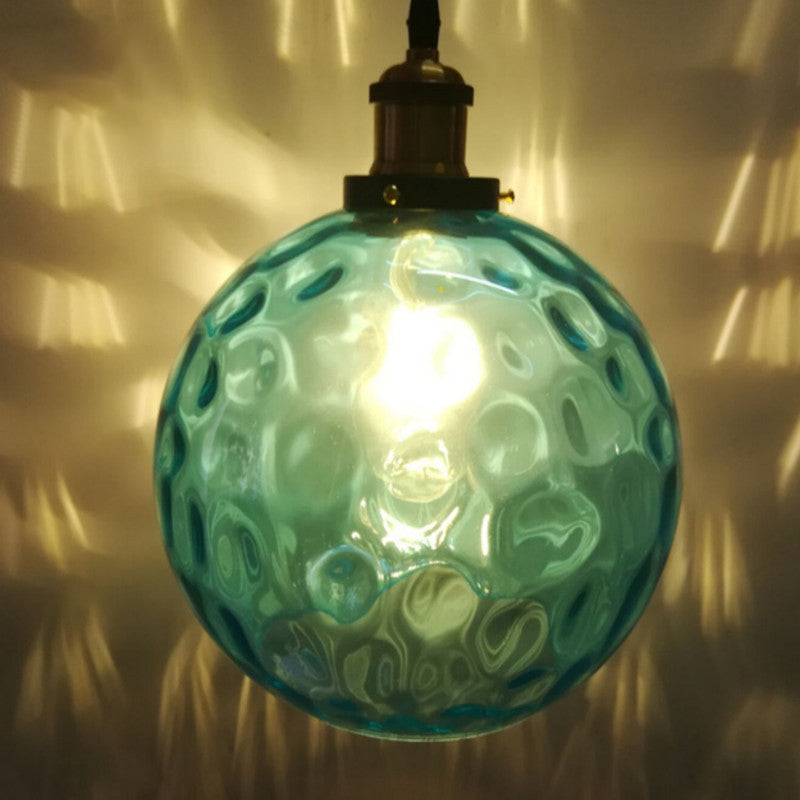 Blue Rippled Glass Ball Hanging Light Modern 1 Light 8"/10"/12" W Brass Ceiling Suspension Lamp Blue Clearhalo 'Ceiling Lights' 'Glass shade' 'Glass' 'Modern Pendants' 'Modern' 'Pendant Lights' 'Pendants' Lighting' 1937080