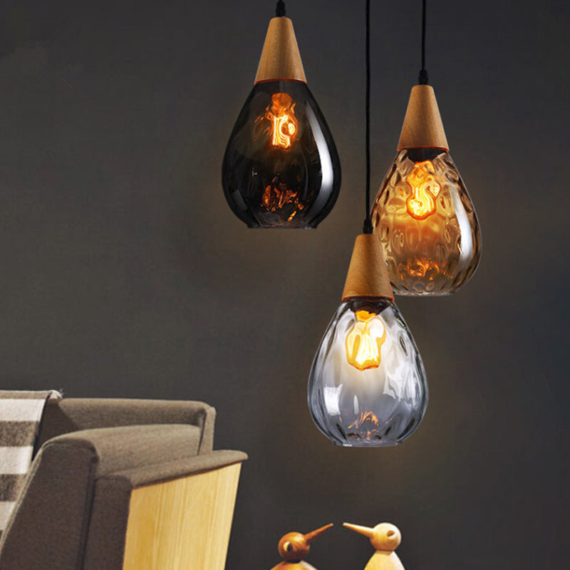Wood Teardrop Pendant Light Fixture Modern 6"/8" Wide 1 Head Amber Water Glass Hanging Lamp for Restaurant Clearhalo 'Ceiling Lights' 'Glass shade' 'Glass' 'Modern Pendants' 'Modern' 'Pendant Lights' 'Pendants' Lighting' 1937150