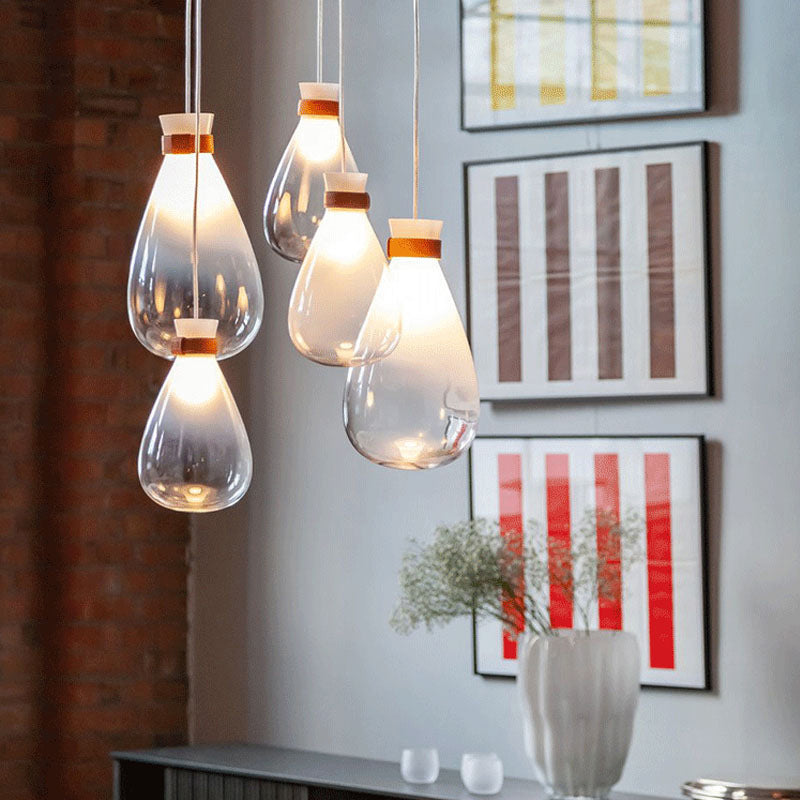 Droplet Kitchen Bar Drop Pendant Smoke Grey/White Ombre Glass 1 Head Modern Hanging Lamp with Leather Neck Strap, 7"/8.5" W White Clearhalo 'Ceiling Lights' 'Glass shade' 'Glass' 'Modern Pendants' 'Modern' 'Pendant Lights' 'Pendants' Lighting' 1937243