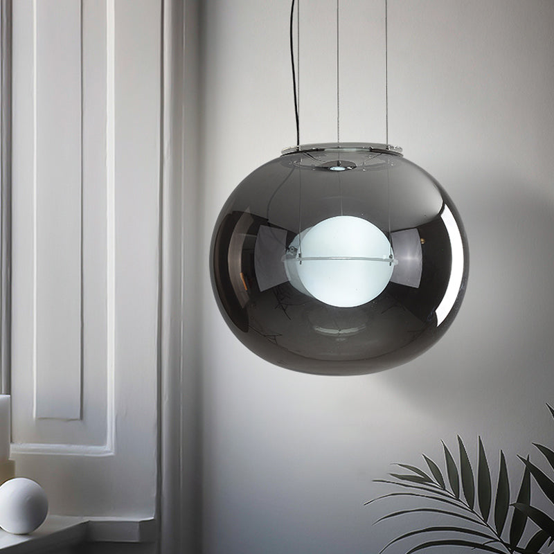 Postmodern Double Globe Hanging Light White/Red/Smoke Grey Glass 1 Bulb Kitchen Pendant Lamp with Exterior Acrylic Shade, 12"/16" W Clearhalo 'Ceiling Lights' 'Glass shade' 'Glass' 'Modern Pendants' 'Modern' 'Pendant Lights' 'Pendants' Lighting' 1937263