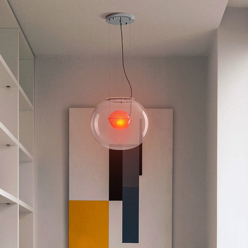 Postmodern Double Globe Hanging Light White/Red/Smoke Grey Glass 1 Bulb Kitchen Pendant Lamp with Exterior Acrylic Shade, 12"/16" W Clearhalo 'Ceiling Lights' 'Glass shade' 'Glass' 'Modern Pendants' 'Modern' 'Pendant Lights' 'Pendants' Lighting' 1937272