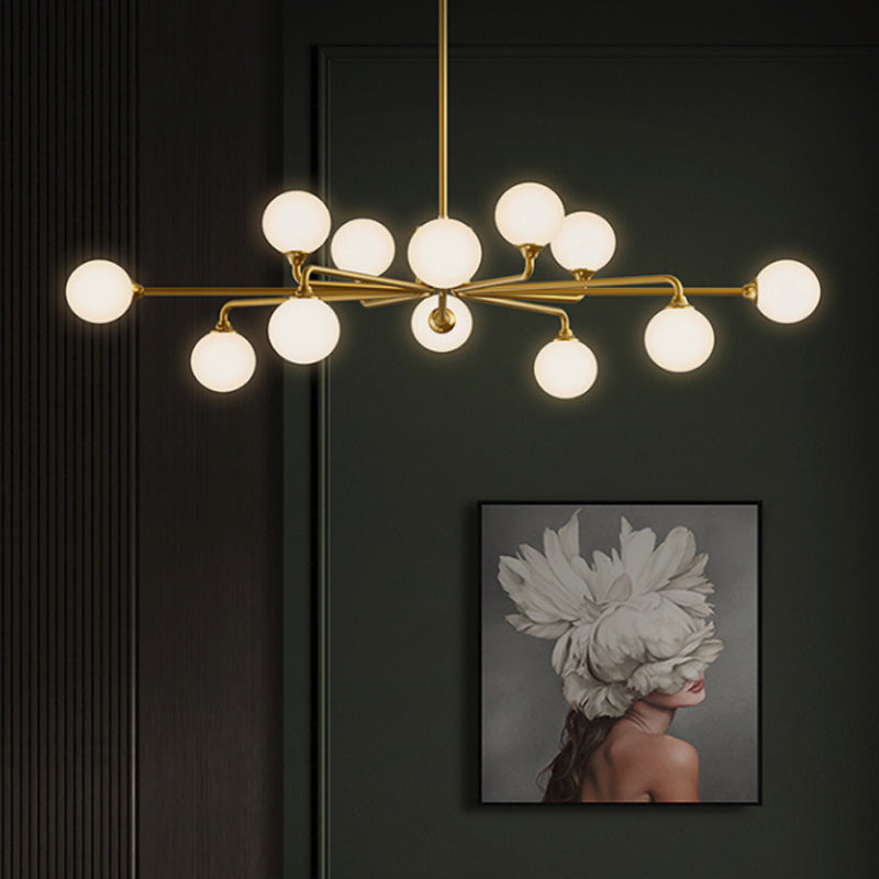 Postmodern Sputnik Island Lighting Metal 6/9/12 Heads Living Room Ceiling Pendant in Gold with Ball White Glass Shade Clearhalo 'Ceiling Lights' 'Glass shade' 'Glass' 'Island Lights' Lighting' 1937673