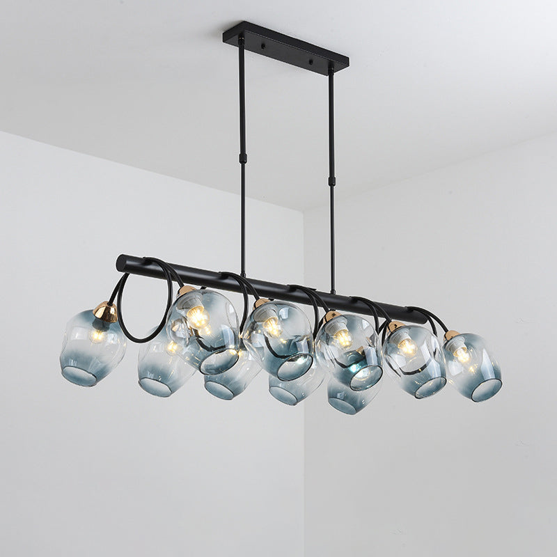 Wine Cup Island Light Modern Dimpled Blue/Green Ombre Glass 6/8/10-Head Black Suspended Lighting Fixture Clearhalo 'Ceiling Lights' 'Glass shade' 'Glass' 'Island Lights' Lighting' 1937710