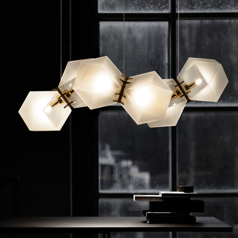 Frosted White Glass Honeycomb Island Lamp Modern Style 2/4/8-Light Brass Ceiling Hang Light for Living Room Clearhalo 'Ceiling Lights' 'Glass shade' 'Glass' 'Island Lights' Lighting' 1937756