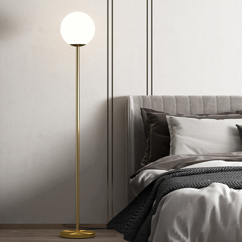 Minimalistic Ball Shade Floor Lamp White Glass 1 Head Living Room Standing Light with Upright Pole in Gold, 8"/10" Wide Clearhalo 'Floor Lamps' 'Lamps' Lighting' 1937767