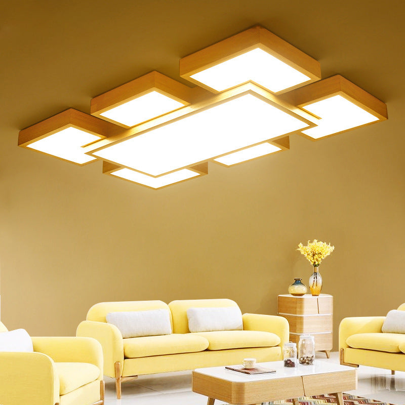 Beige Square/Rectangle Block Flush Light Modern 22"/31.5"/42" Wide LED Wooden Ceiling Mounted Lamp Wood 42" A Clearhalo 'Ceiling Lights' 'Close To Ceiling Lights' 'Close to ceiling' Lighting' 1937893