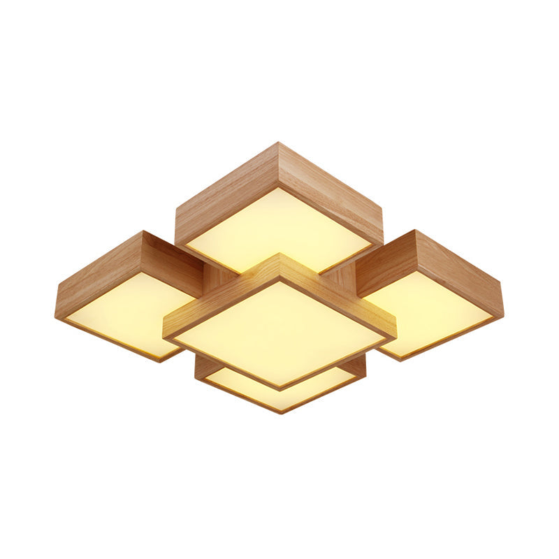 Beige Square/Rectangle Block Flush Light Modern 22"/31.5"/42" Wide LED Wooden Ceiling Mounted Lamp Clearhalo 'Ceiling Lights' 'Close To Ceiling Lights' 'Close to ceiling' Lighting' 1937913