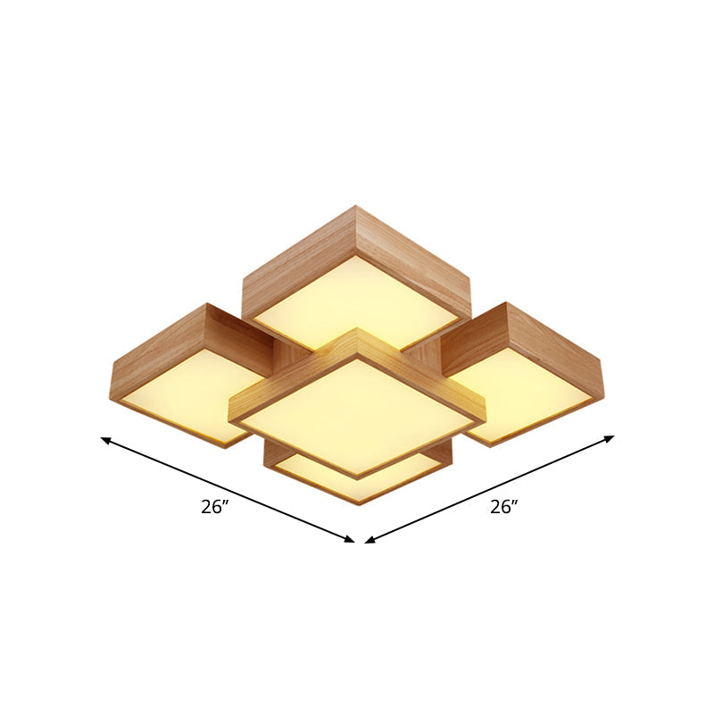 Beige Square/Rectangle Block Flush Light Modern 22"/31.5"/42" Wide LED Wooden Ceiling Mounted Lamp Clearhalo 'Ceiling Lights' 'Close To Ceiling Lights' 'Close to ceiling' Lighting' 1937915
