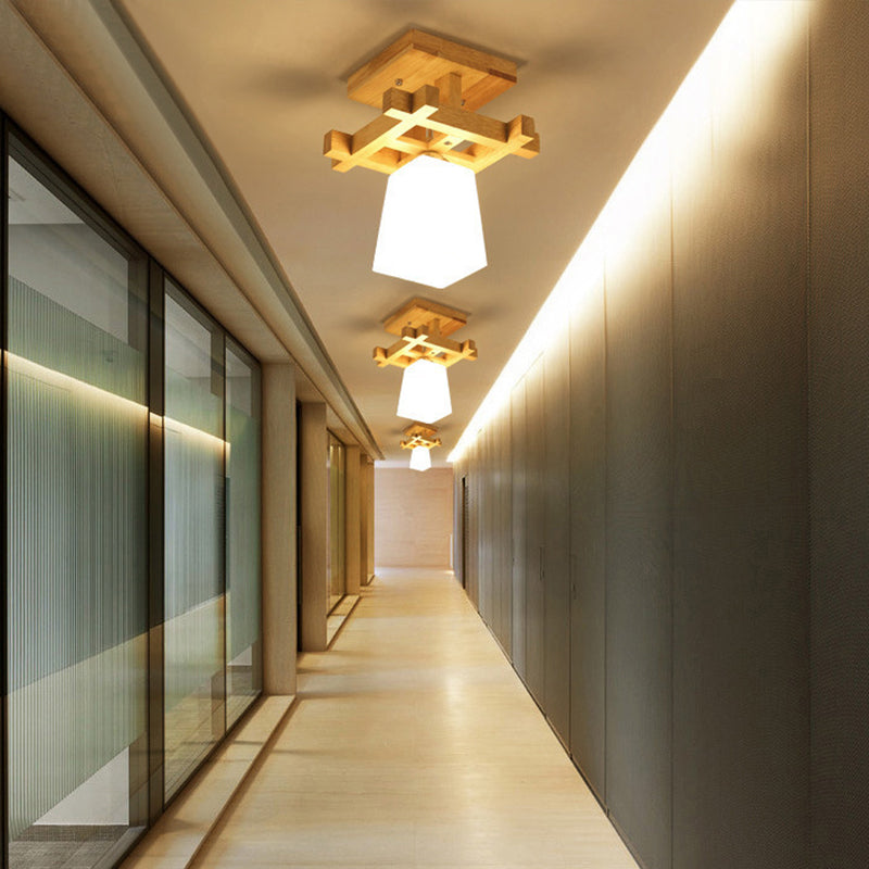 Trapezoidal Aisle Ceiling Lamp Opal Glass 1-Light Nordic Style Semi Flush Mount Light in Warm/White Light with Wood Top Wood Clearhalo 'Ceiling Lights' 'Close To Ceiling Lights' 'Close to ceiling' 'Semi-flushmount' Lighting' 1937980