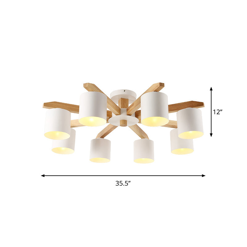 Sputnik Wooden Semi Mount Lighting Nordic 5/6/8-Light White Flush Ceiling Light with Cylindrical Metal Shade Clearhalo 'Ceiling Lights' 'Close To Ceiling Lights' 'Close to ceiling' 'Semi-flushmount' Lighting' 1938260