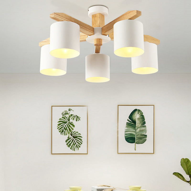 Sputnik Wooden Semi Mount Lighting Nordic 5/6/8-Light White Flush Ceiling Light with Cylindrical Metal Shade Clearhalo 'Ceiling Lights' 'Close To Ceiling Lights' 'Close to ceiling' 'Semi-flushmount' Lighting' 1938262