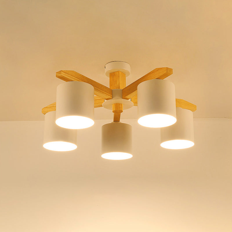 Sputnik Wooden Semi Mount Lighting Nordic 5/6/8-Light White Flush Ceiling Light with Cylindrical Metal Shade Clearhalo 'Ceiling Lights' 'Close To Ceiling Lights' 'Close to ceiling' 'Semi-flushmount' Lighting' 1938263
