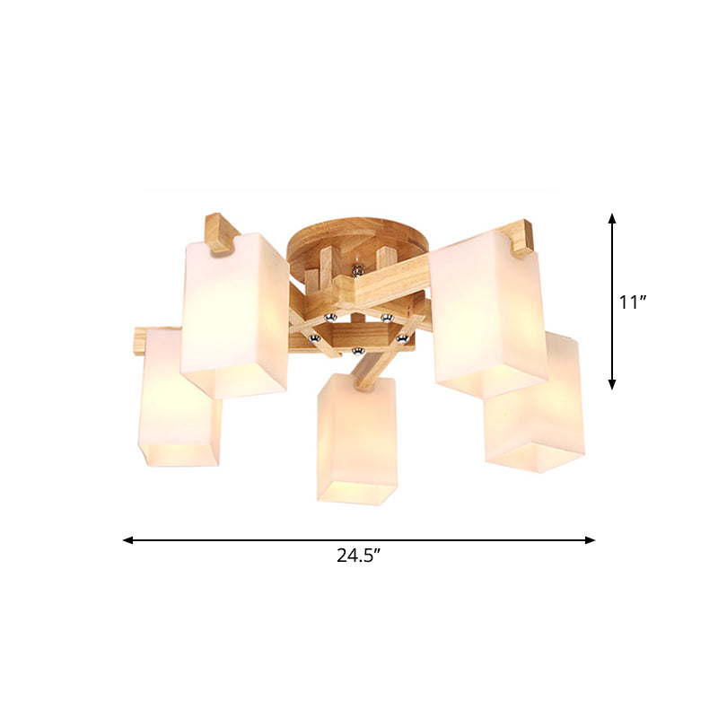 Cuboid Cream Glass Close to Ceiling Lamp Nordic 3/5/8 Bulbs Beige Semi Flush Mount Light for Living Room Clearhalo 'Ceiling Lights' 'Close To Ceiling Lights' 'Close to ceiling' 'Semi-flushmount' Lighting' 1938292