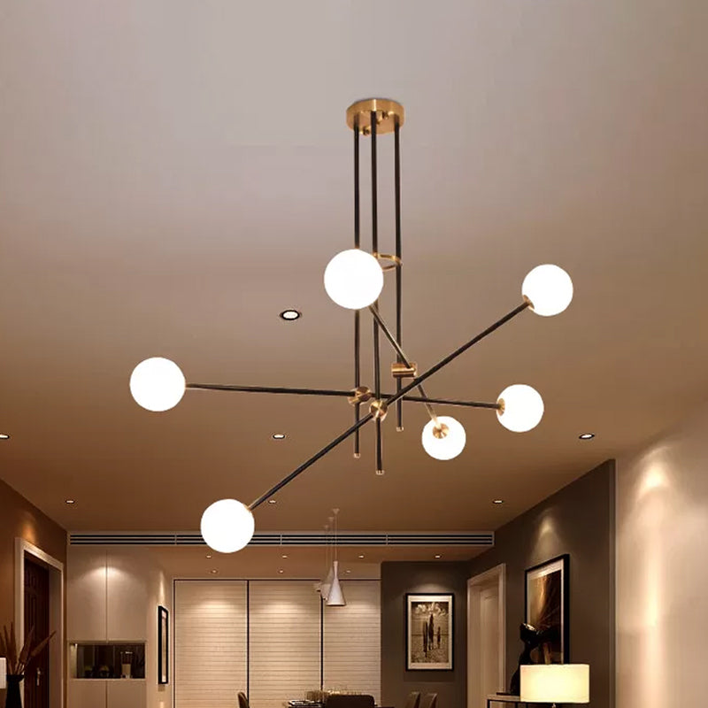Black 3-Arm Chandelier Light Postmodern 6 Bulbs Metal Ceiling Pendant with Ball Milky Glass Shade Clearhalo 'Ceiling Lights' 'Chandeliers' 'Modern Chandeliers' 'Modern' Lighting' 1938376