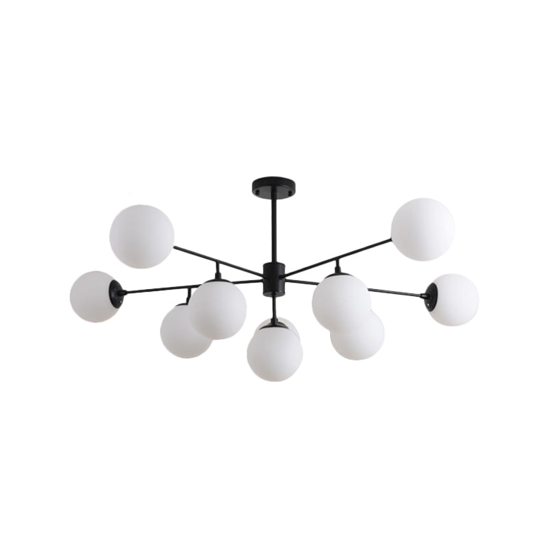 Iron Branch Chandelier Lamp Postmodern 9/11 Lights Black/Gold Hanging Pendant Light with Orb Opal Glass Shade Clearhalo 'Ceiling Lights' 'Chandeliers' 'Modern Chandeliers' 'Modern' Lighting' 1938520