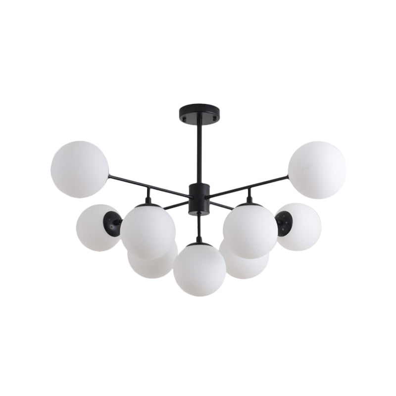 Iron Branch Chandelier Lamp Postmodern 9/11 Lights Black/Gold Hanging Pendant Light with Orb Opal Glass Shade Clearhalo 'Ceiling Lights' 'Chandeliers' 'Modern Chandeliers' 'Modern' Lighting' 1938522