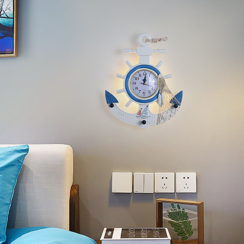 Child Bedroom Anchor Rudder Wall Light with Clock Wood Nautical Stylish Blue Wall Lamp Blue B Clearhalo 'Wall Lamps & Sconces' 'Wall Lights' Lighting' 194048