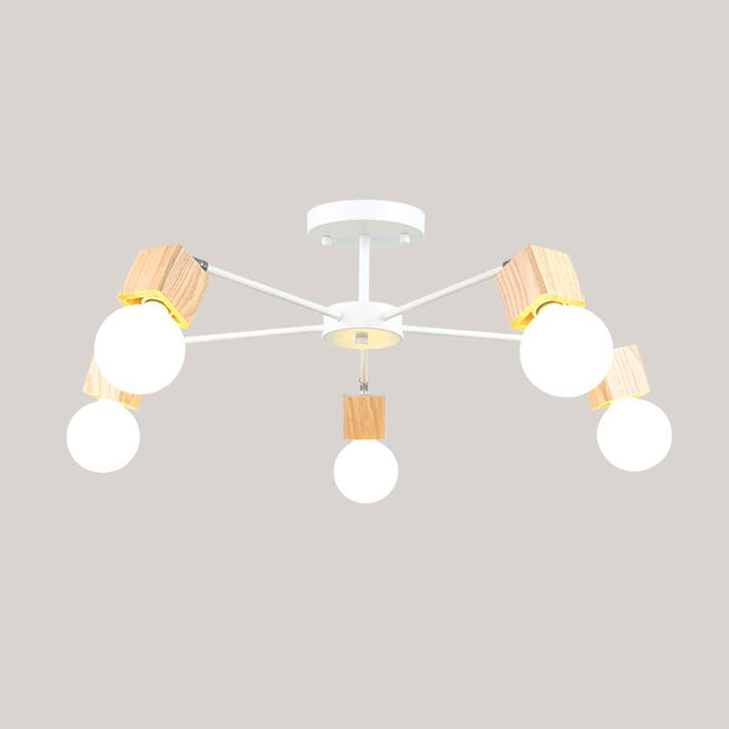 3/5 Heads Open Bulb Semi-Flush Ceiling Light with Square Design Loft Style Wood Metallic Ceiling Mount Chandelier Clearhalo 'Ceiling Lights' 'Close To Ceiling Lights' 'Close to ceiling' 'Semi-flushmount' Lighting' 19405