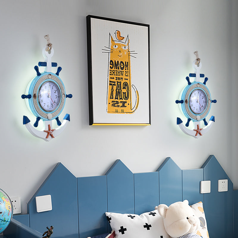 Child Bedroom Anchor Rudder Wall Light with Clock Wood Nautical Stylish Blue Wall Lamp Clearhalo 'Wall Lamps & Sconces' 'Wall Lights' Lighting' 194055