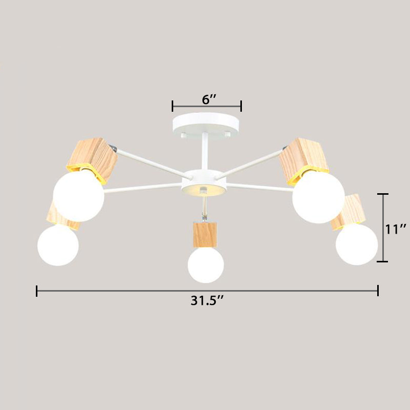 3/5 Heads Open Bulb Semi-Flush Ceiling Light with Square Design Loft Style Wood Metallic Ceiling Mount Chandelier Clearhalo 'Ceiling Lights' 'Close To Ceiling Lights' 'Close to ceiling' 'Semi-flushmount' Lighting' 19407