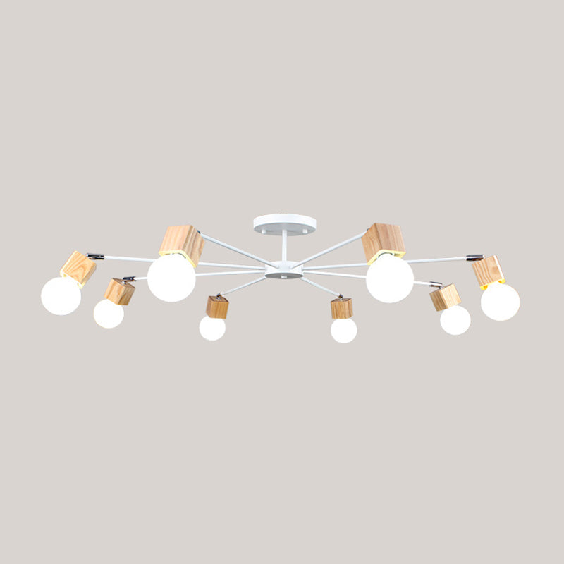 3/5 Heads Open Bulb Semi-Flush Ceiling Light with Square Design Loft Style Wood Metallic Ceiling Mount Chandelier 8 Wood Clearhalo 'Ceiling Lights' 'Close To Ceiling Lights' 'Close to ceiling' 'Semi-flushmount' Lighting' 19408
