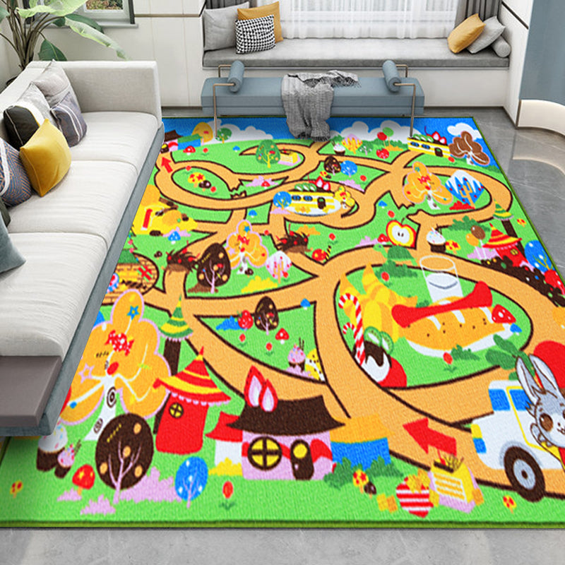 Kids Maze Pattern Rug Green Polyester Rug Non-Slip Pet Friendly Washable Are Rug for child's room Green 3'3" x 4'7" Clearhalo 'Area Rug' 'Rug' 1947725